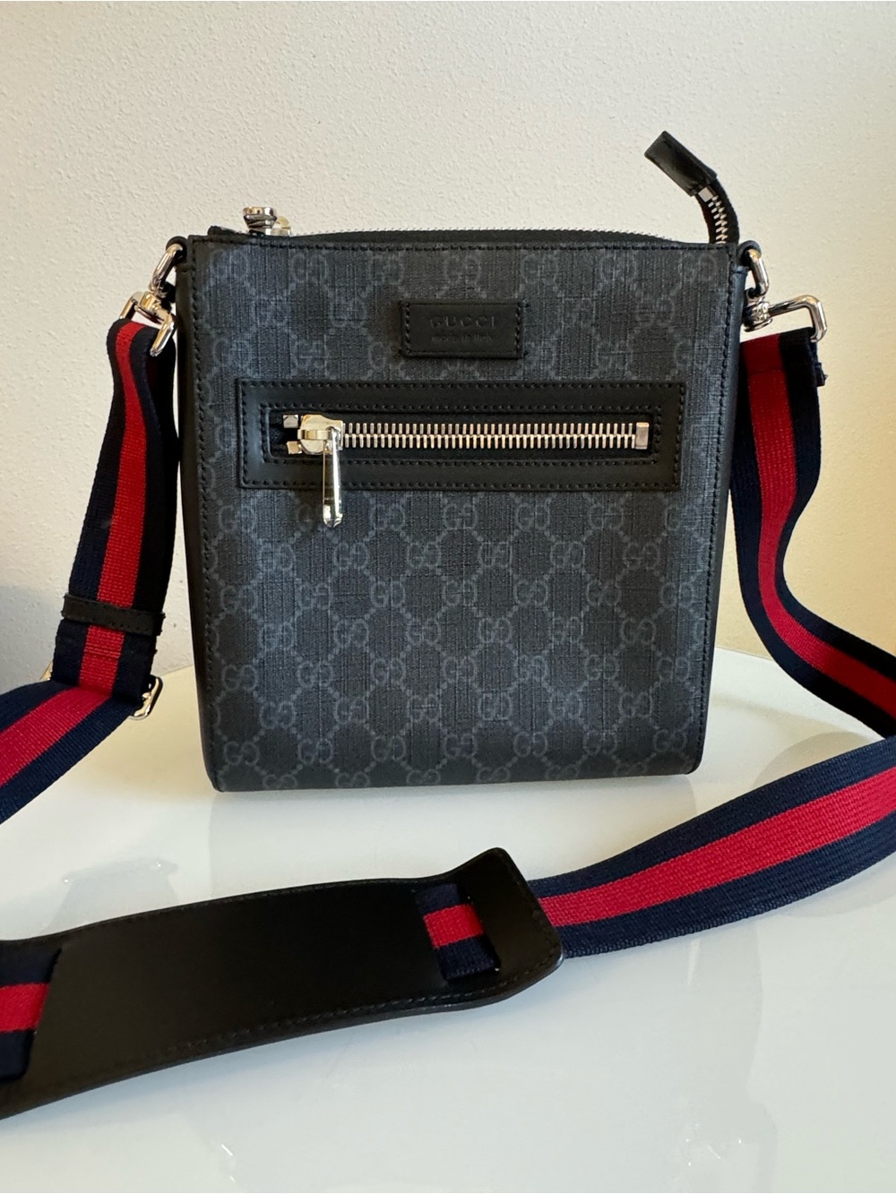 Gucci Black GG Canvas Messenger Bag with Red & Navy Web Strap